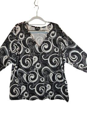 Russell Kemp Sparkly Swirl Pattern Top 3/4 Sleeve V-Neck Womens 2X career casual